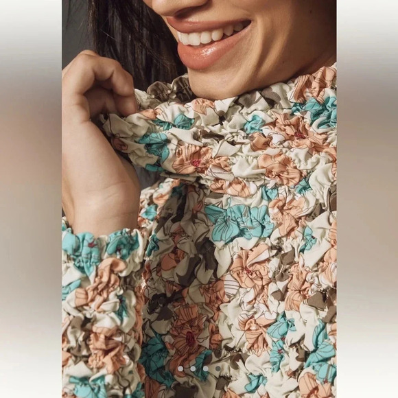 NWT new Anthropologie Dolan printed pebble smocked floral turtleneck large peach - Picture 9 of 16